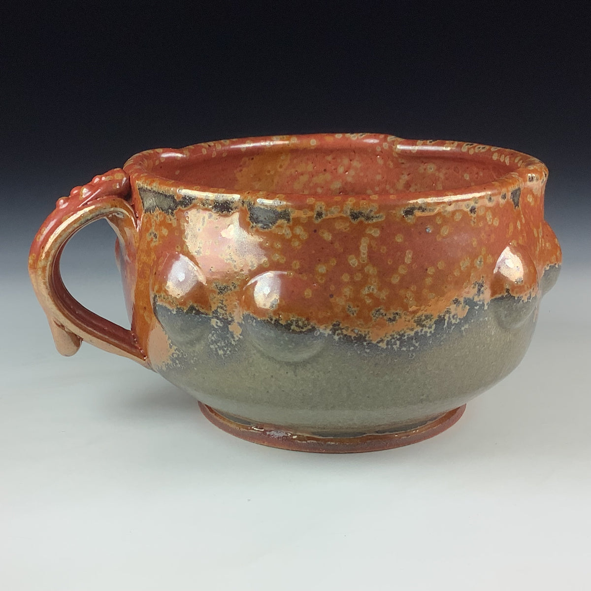 Handmade Ceramic Pottery Bowl with Handle, Orange Shino Bump Glaze