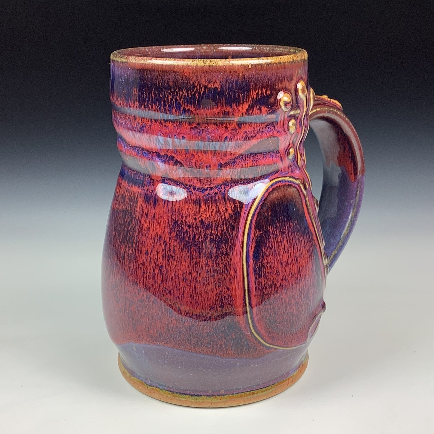Handmade Stoneware Coffee Mug: Red Purple Glaze, Slip-Dotted Bamboo - Mug 3978