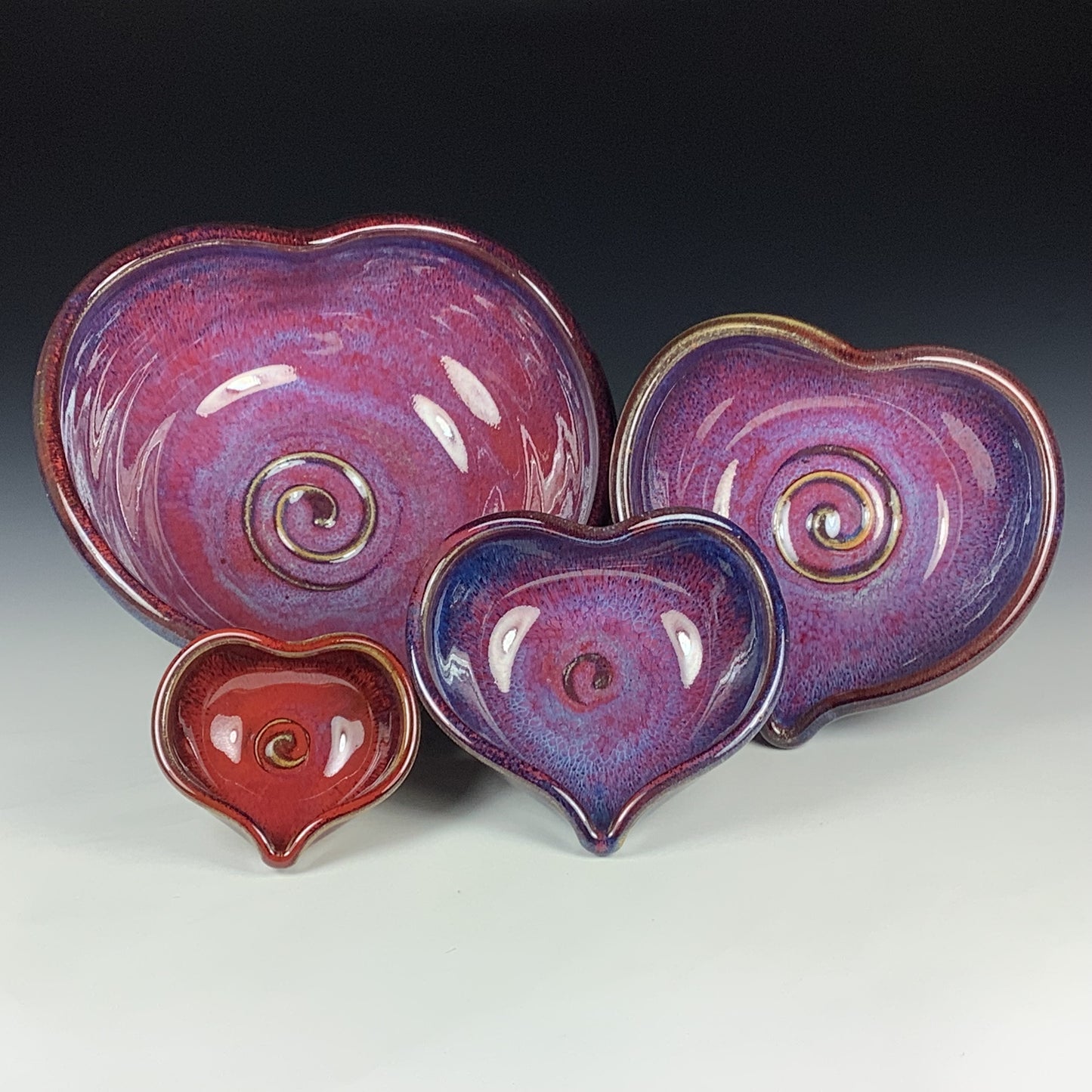 Handmade Ceramic Heart-Shaped Nesting Bowl Set of 4, Red Purple Glaze - Item 4013