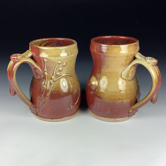 Handmade Ceramic Coffee Mug Set, Iron Red with White Ash Glaze, Bamboo Slip-Dotted Stoneware, Set of Two - Item 3942