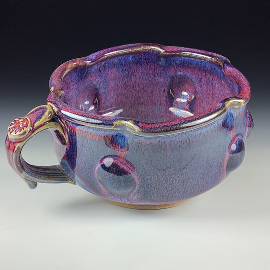 Handmade Ceramic Pottery Bowl with Handle, Red Purple Bump Glaze