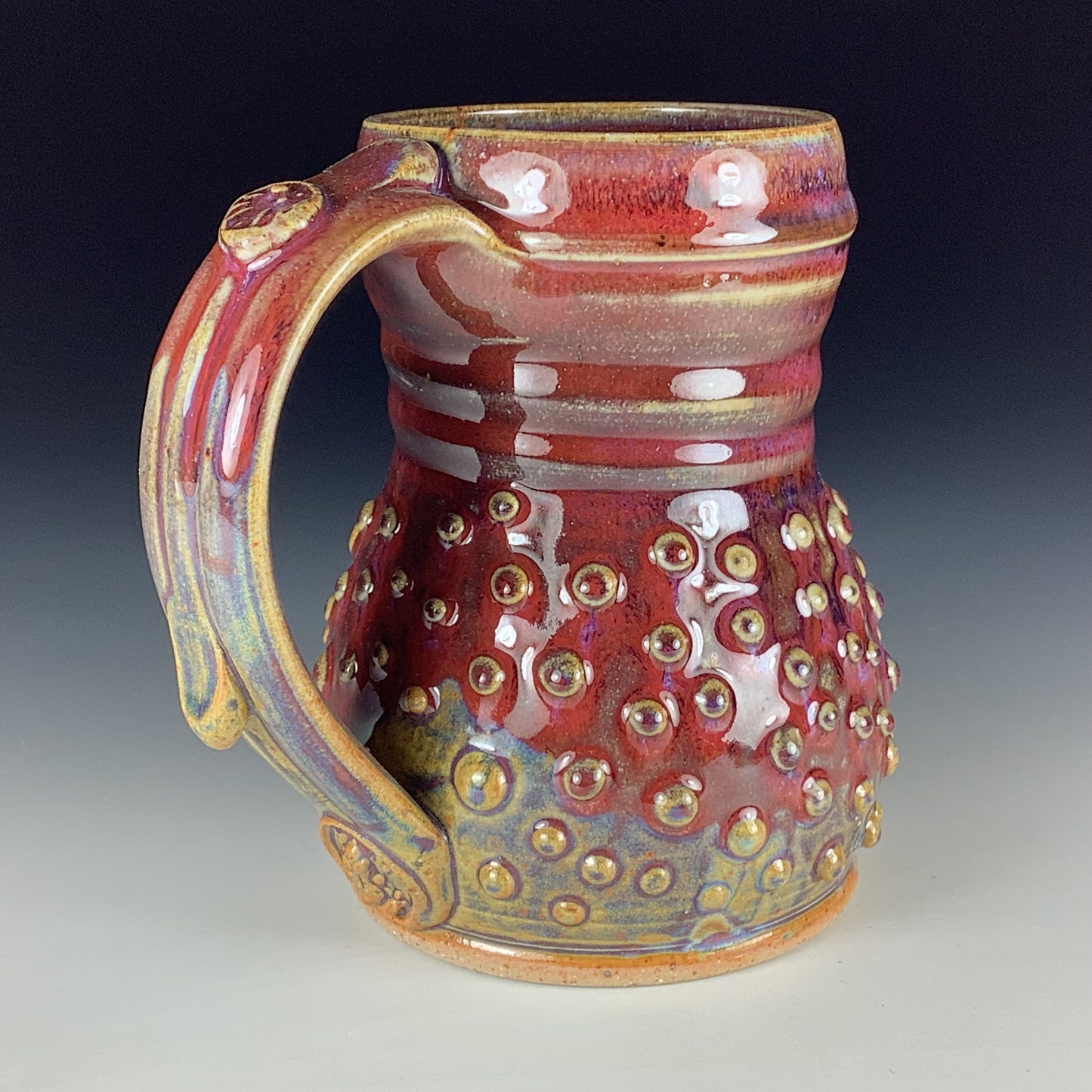 Handmade Stoneware Coffee Mug: Red Glaze, Slip-Dotted