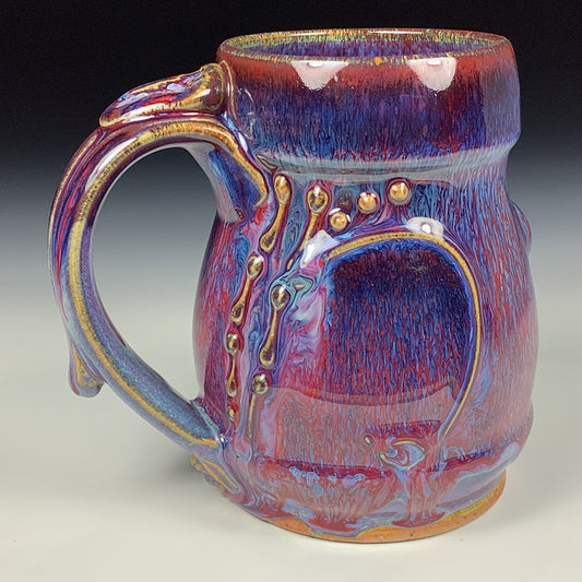 Handmade ceramic mugs stoneware coffee mug pottery tea mugs stoneware drinkware - purple red slip trail dot bamboo item 3864