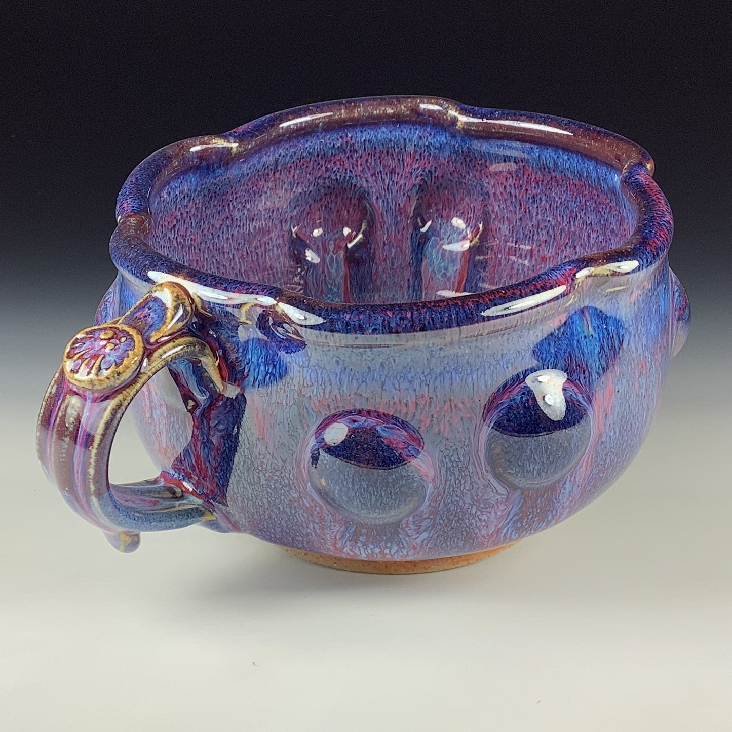 Handmade Ceramic Pottery Bowl with Handle, Red Purple Bump Glaze