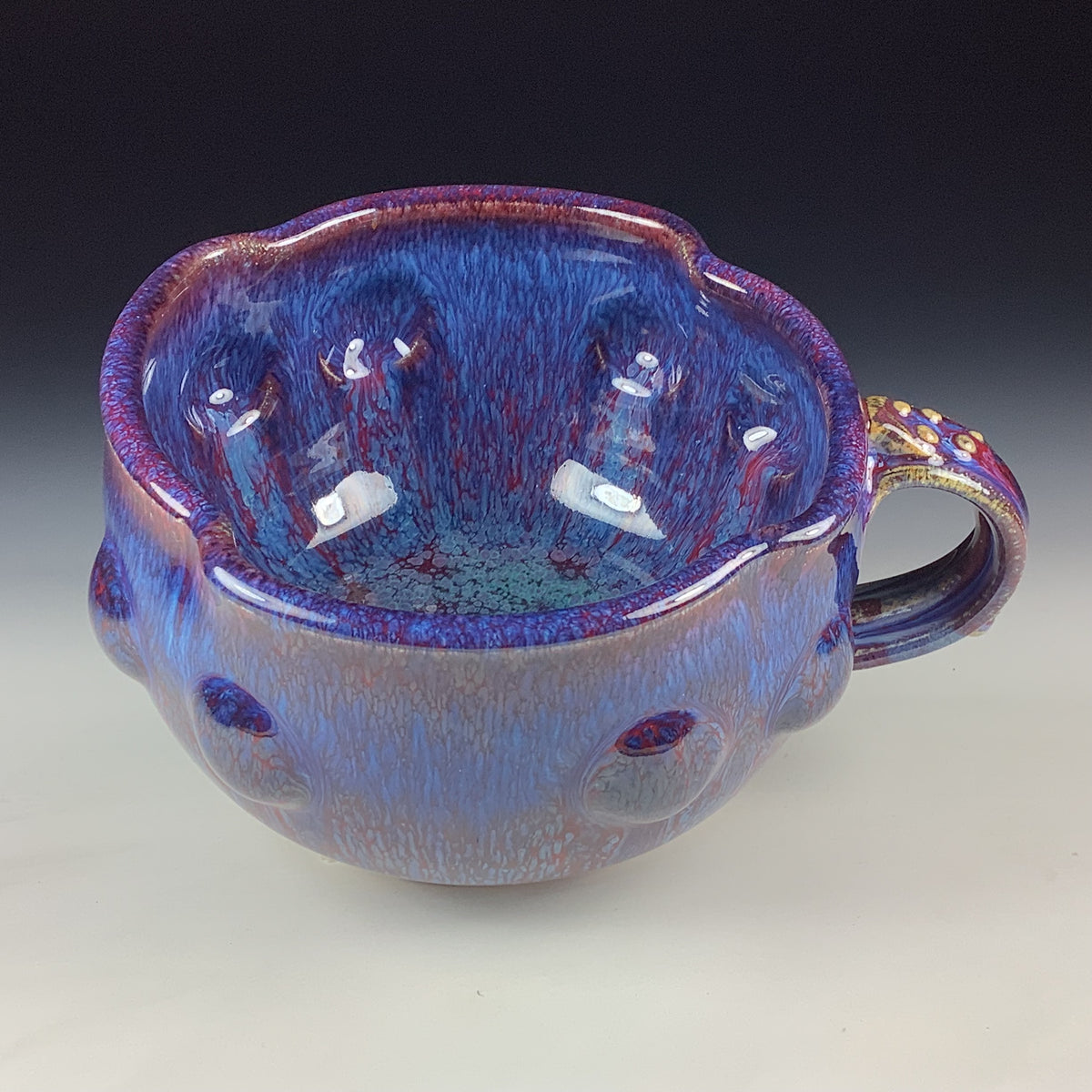 Handmade Ceramic Pottery Bowl with Handle, Red Purple Bump Glaze