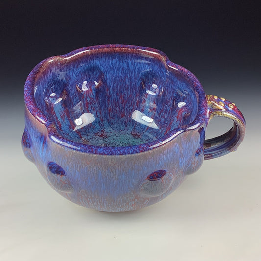 Handmade Ceramic Pottery Bowl with Handle, Red Purple Bump Glaze