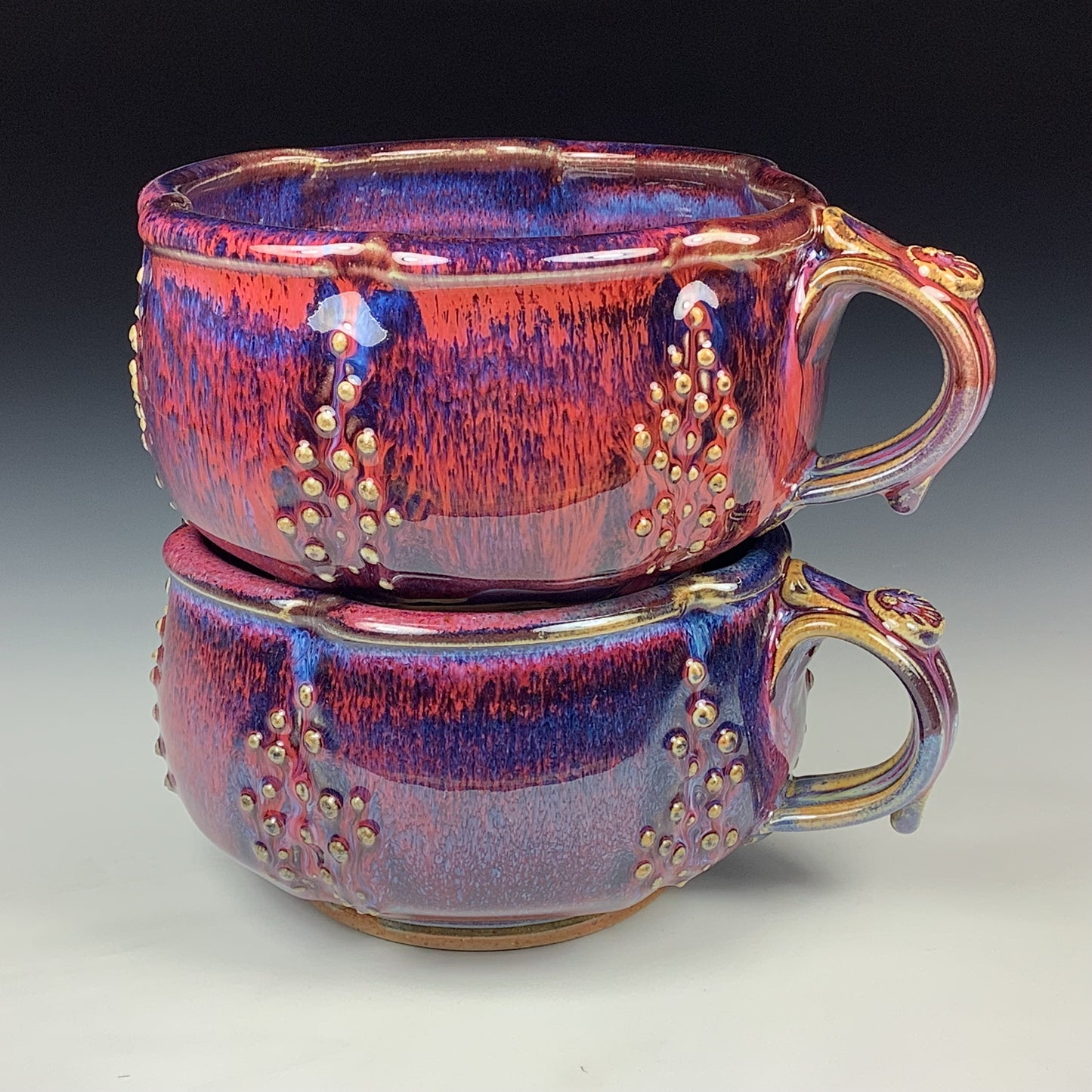 Handmade Ceramic Pottery Bowls with Handles, Set of Two, Slip Dotted Red Purple Glaze - Item 4006