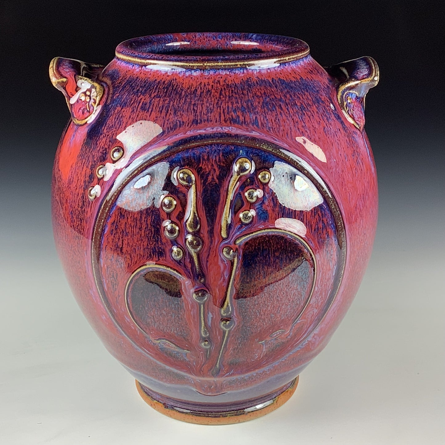 Handmade Stoneware Pottery Slip Trail Bamboo Purple Red Glaze Vase - Item 4094