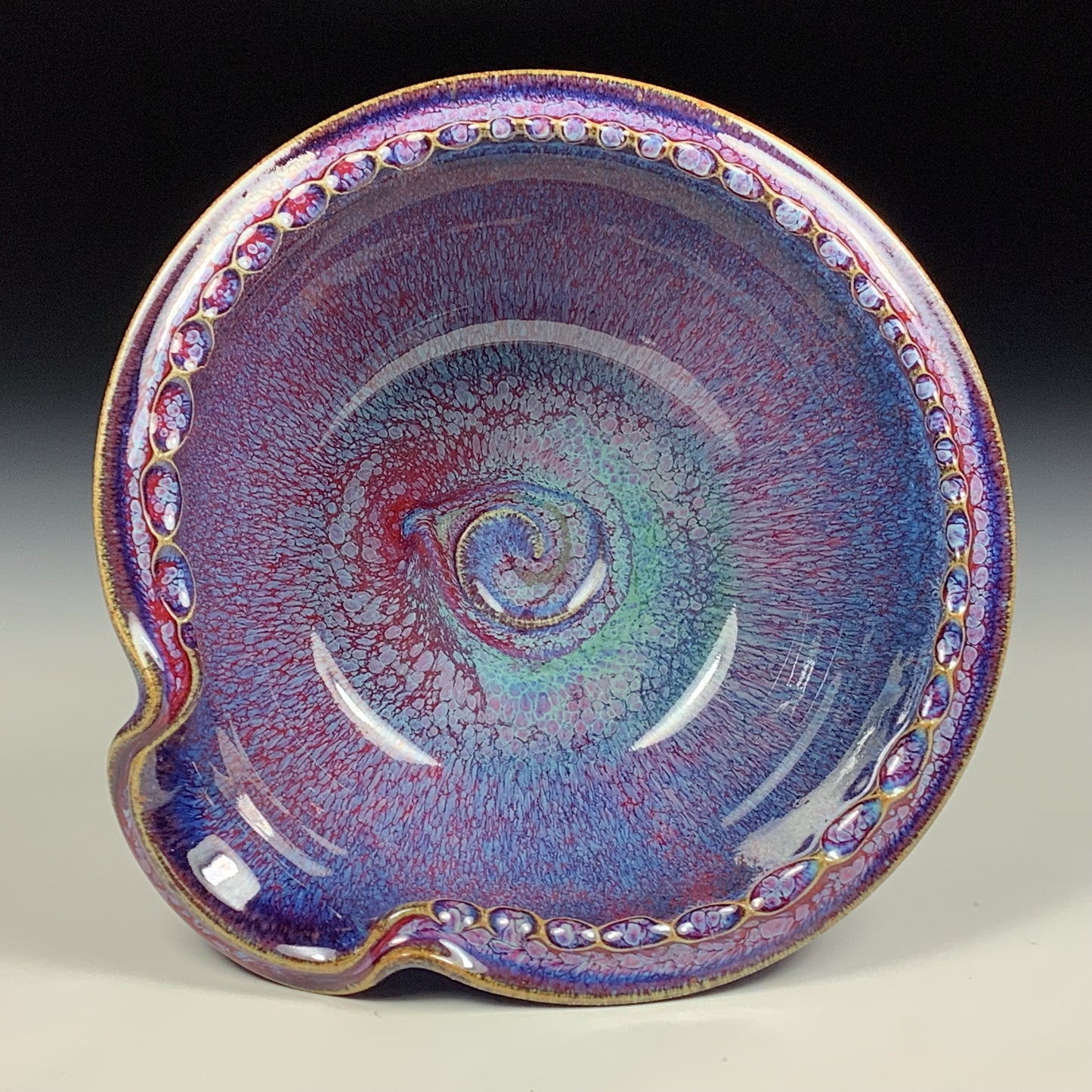 Handmade ceramic deep spoon rest stoneware pottery kitchenware - Purple red dotted rim item 3873
