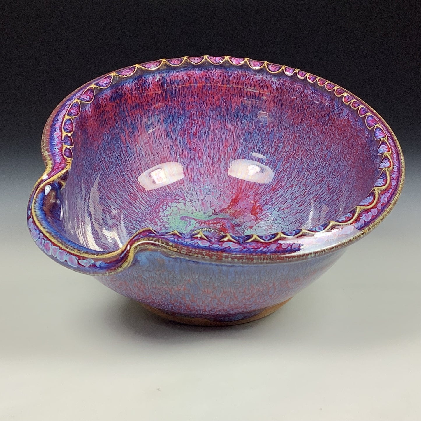 Handmade ceramic deep spoon rest stoneware pottery kitchenware - Purple red dotted rim item 3869