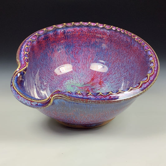 Handmade ceramic deep spoon rest stoneware pottery kitchenware - Purple red dotted rim item 3869