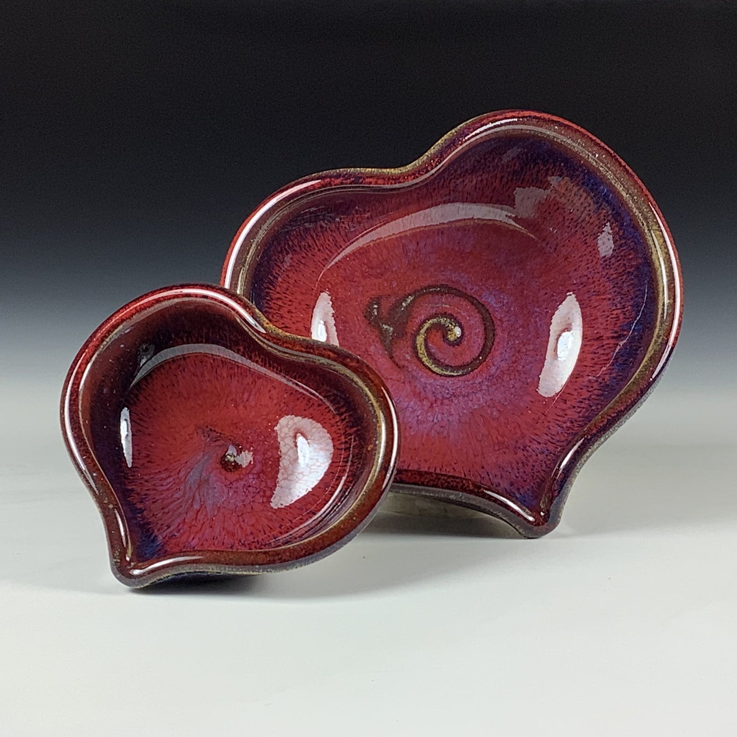 Handmade Ceramic Heart-Shaped Nesting Bowl Set of 2, Red Purple Glaze - Item 4025