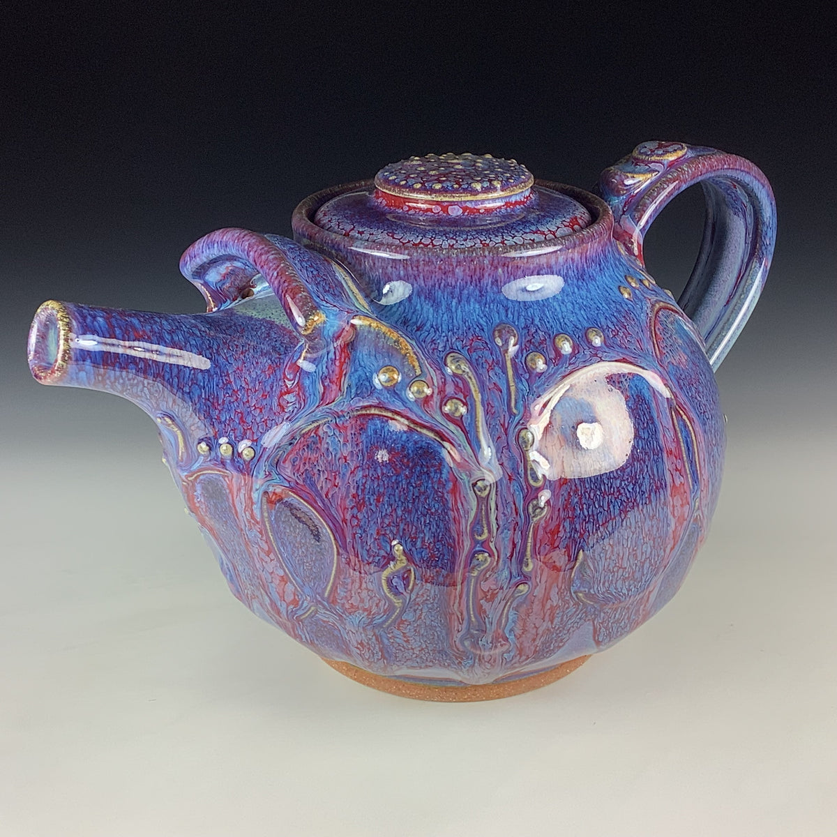 Handmade Ceramic Teapot: Purple Red Glaze, Slip Trailed Bamboo Stoneware