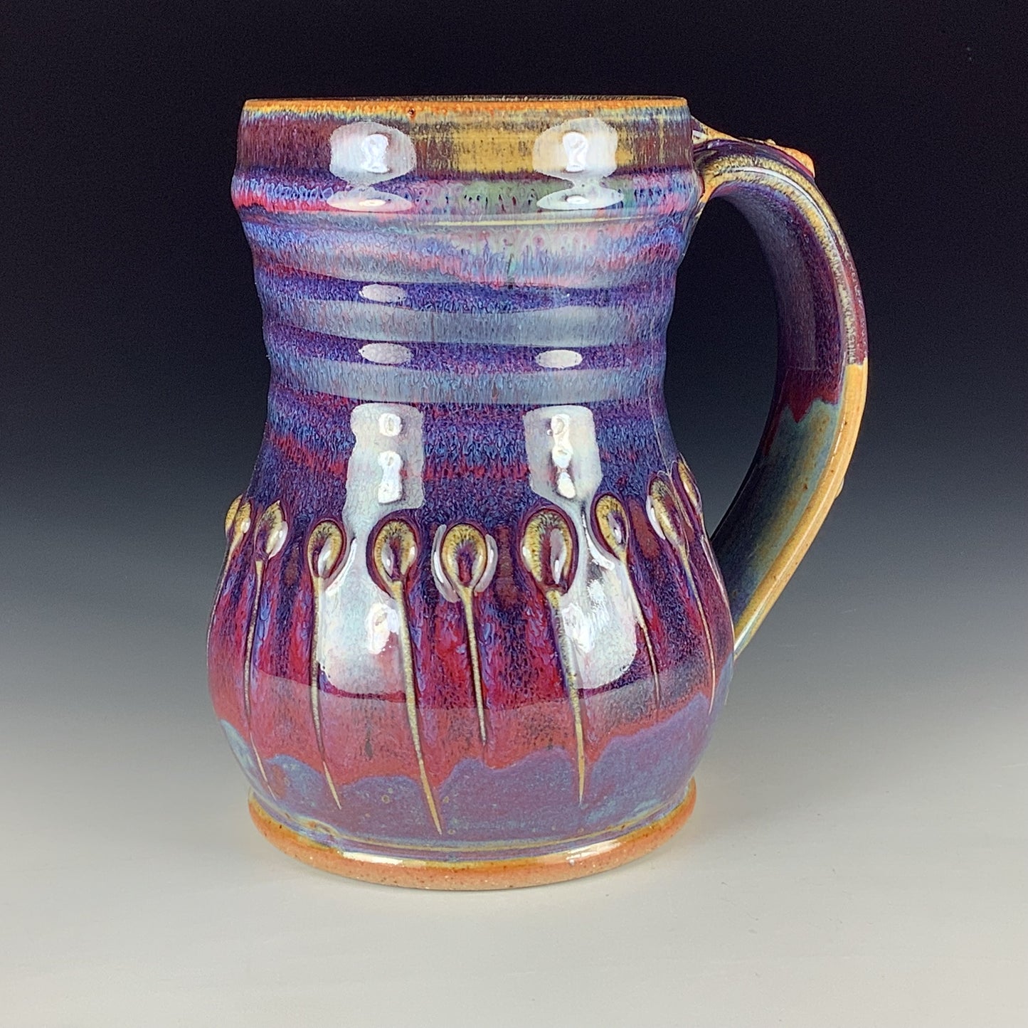 Handmade Stoneware Coffee Mug: Purple Red Glaze, Slip-Dotted