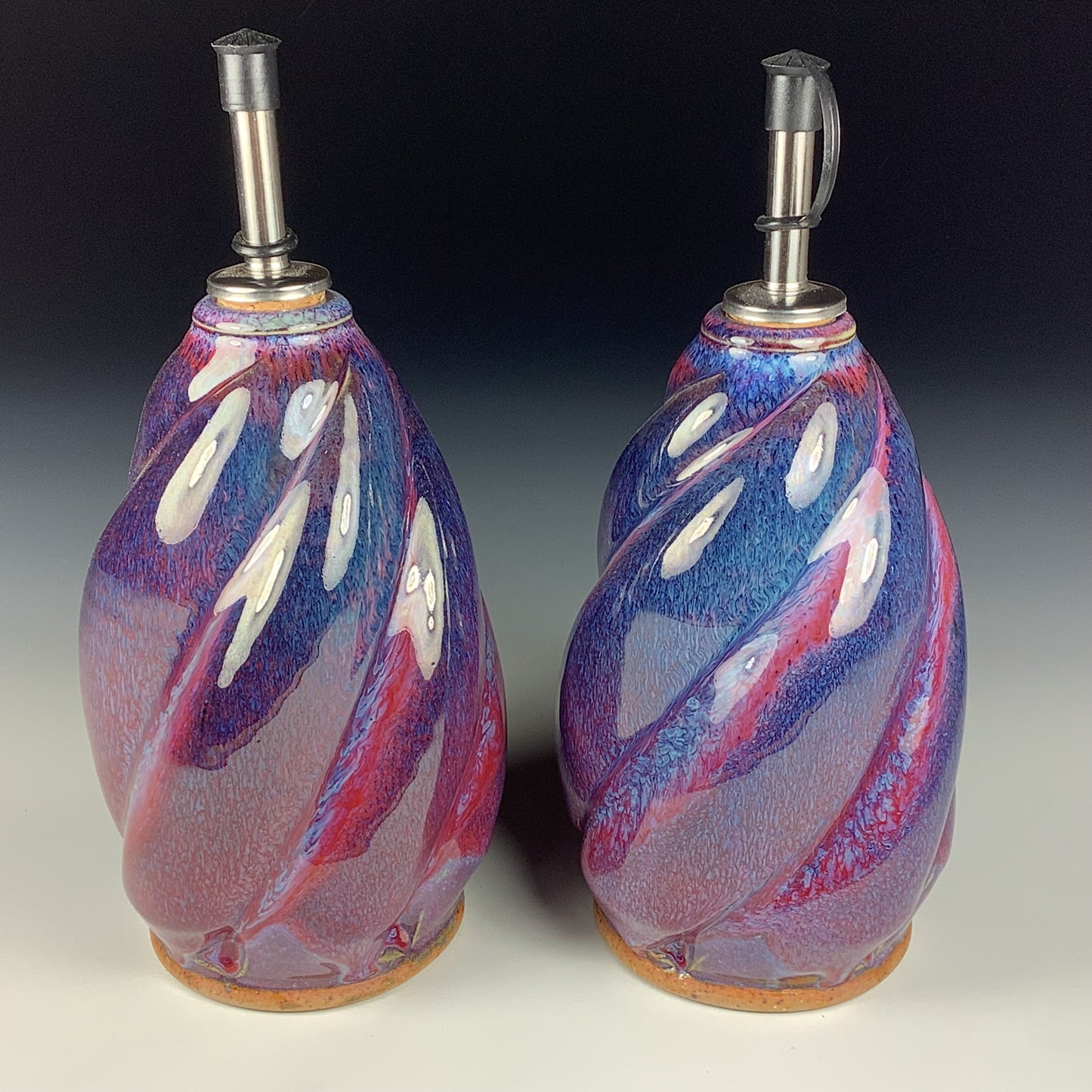 Handmade Ceramic Olive Oil Dispensers, Set of Two: Purple Red Twisty Stoneware Cruet - Item 3952