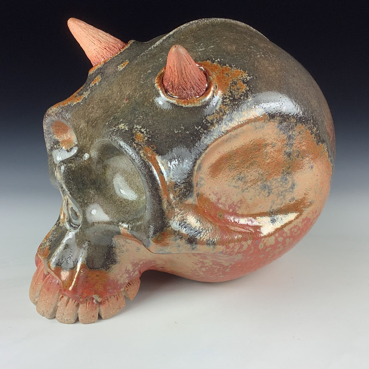 Handmade Shino Orange Ceramic Stoneware Pottery Skull