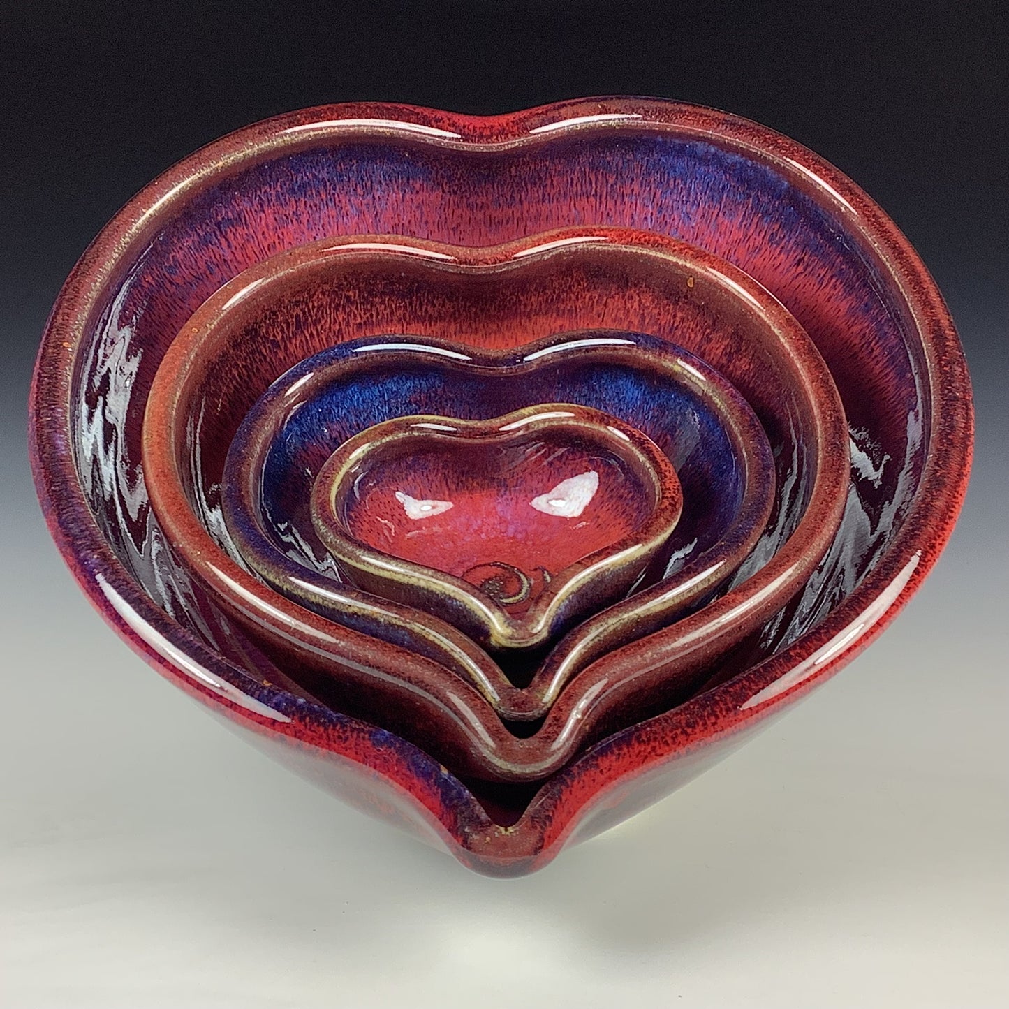 Handmade Ceramic Heart-Shaped Nesting Bowl Set of 4, Red Purple Glaze - Item 4017