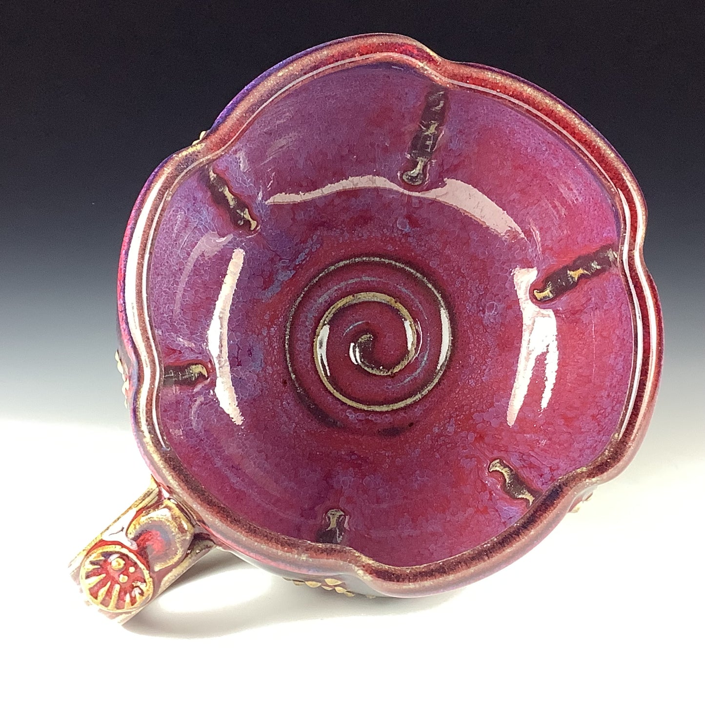 Handmade Ceramic Pottery Bowl with Handle, Slip Dotted Red Purple Glaze