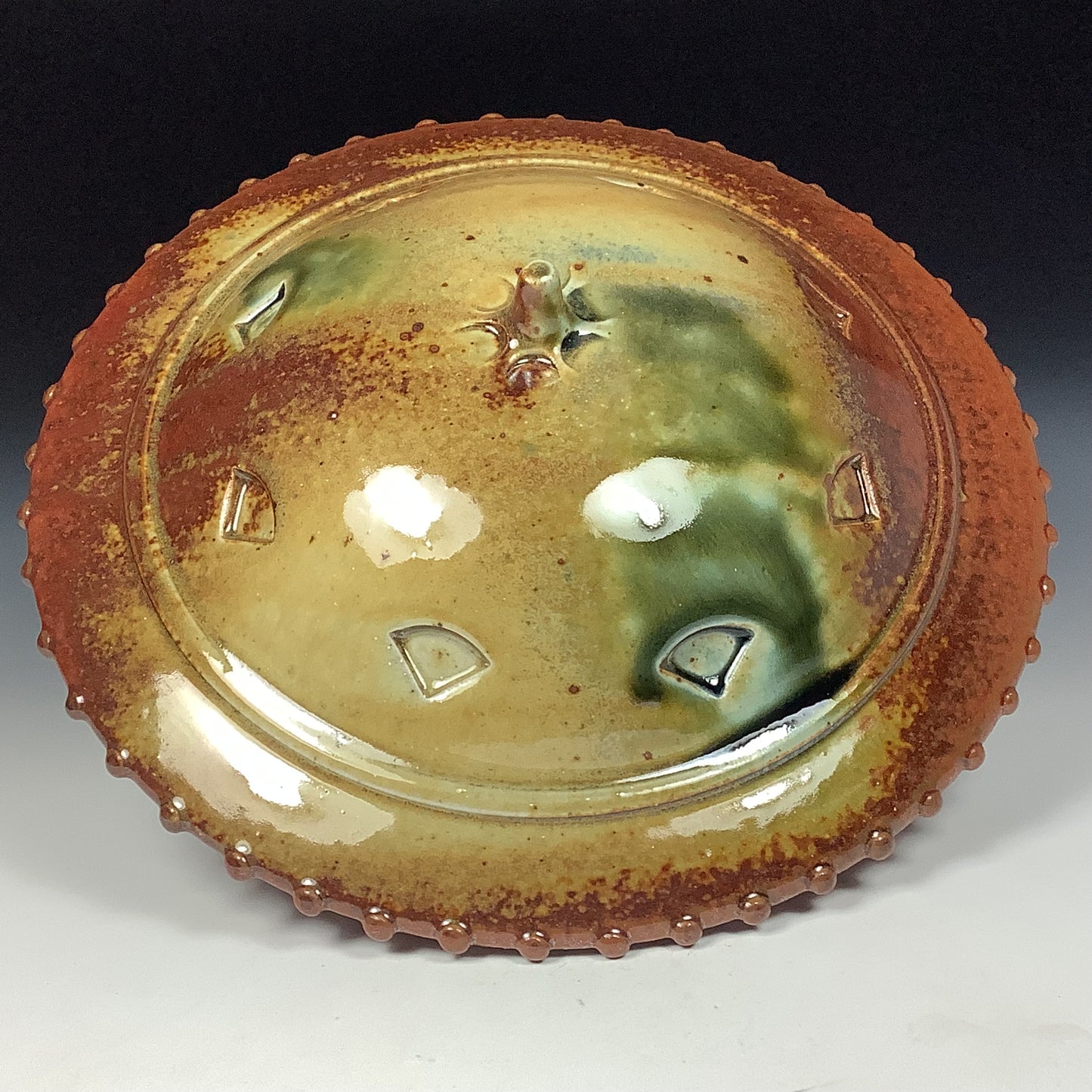 Handmade stoneware art abstract ceramic sculptures pottery decoration UFO - Red wheel thrown enclosed form altered sculpture - item 3823