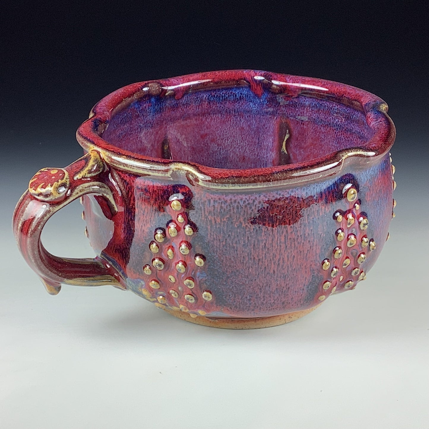 Handmade Ceramic Pottery Bowl with Handle, Slip Dotted Red Purple Glaze