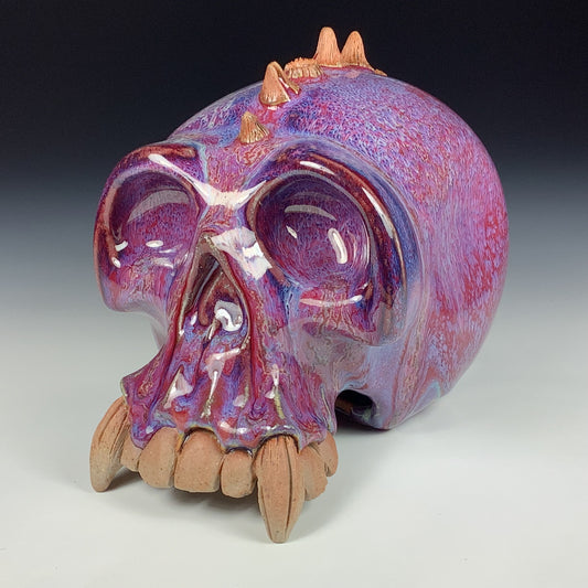 Handmade stoneware art abstract ceramic sculptures pottery decoration skull - Purple red wheel thrown enclosed form altered skull sculpture - item 3878