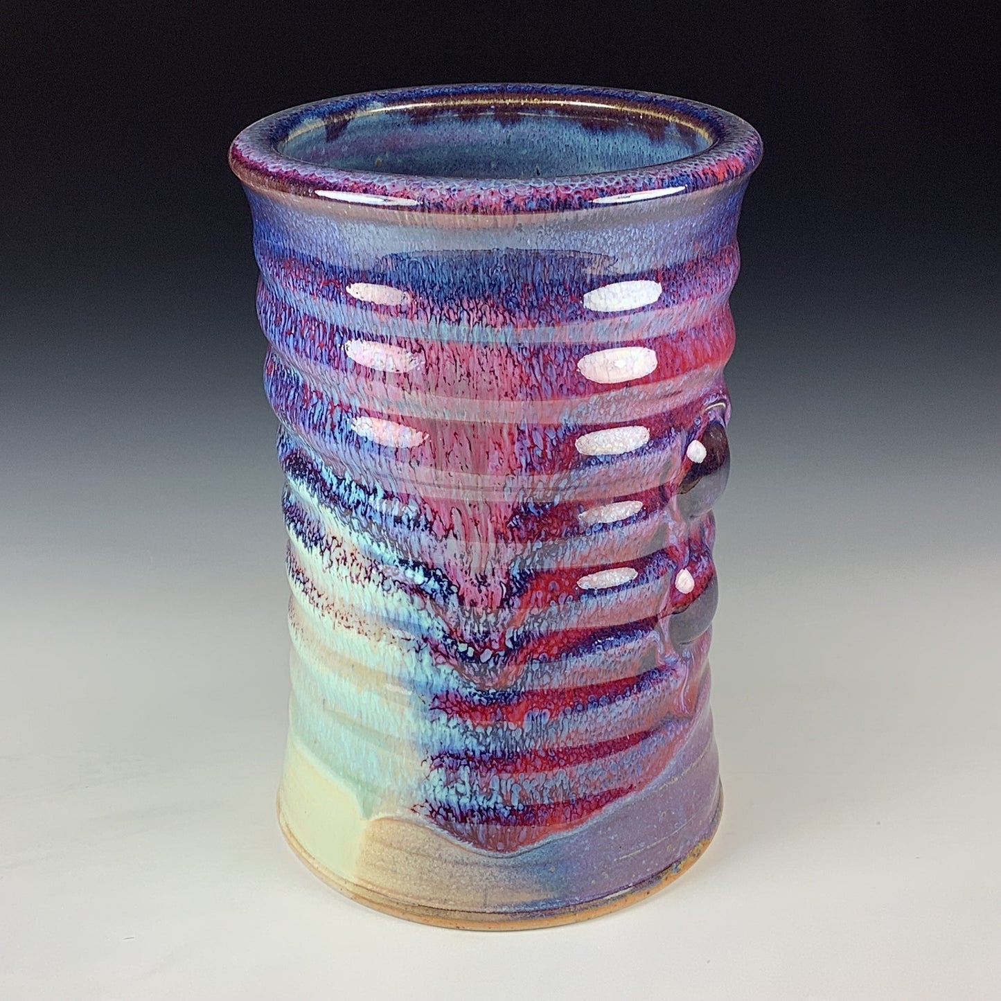 Handmade Stoneware Utensil Holder: Purple Red Flashed Glaze Bump Pottery Vase - Item 4106