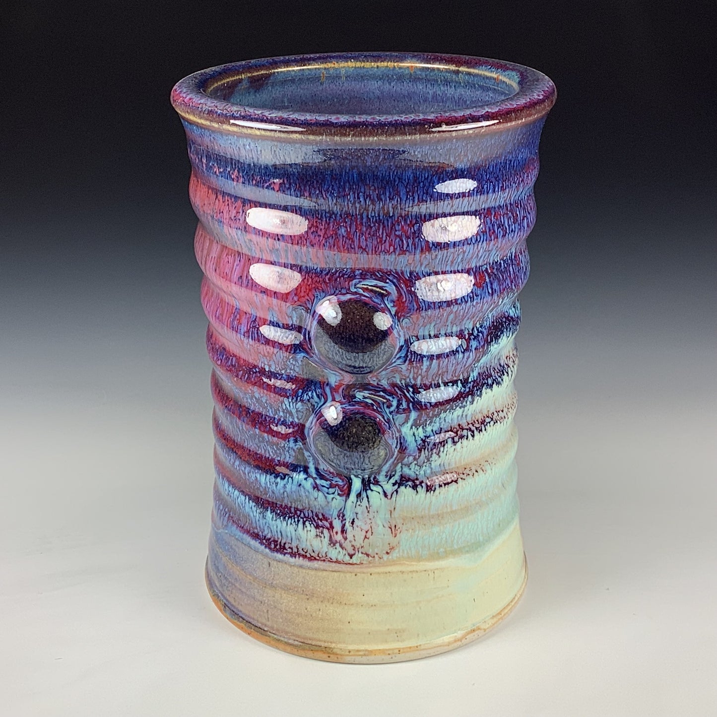 Handmade Stoneware Utensil Holder: Purple Red Flashed Glaze Bump Pottery Vase - Item 4106