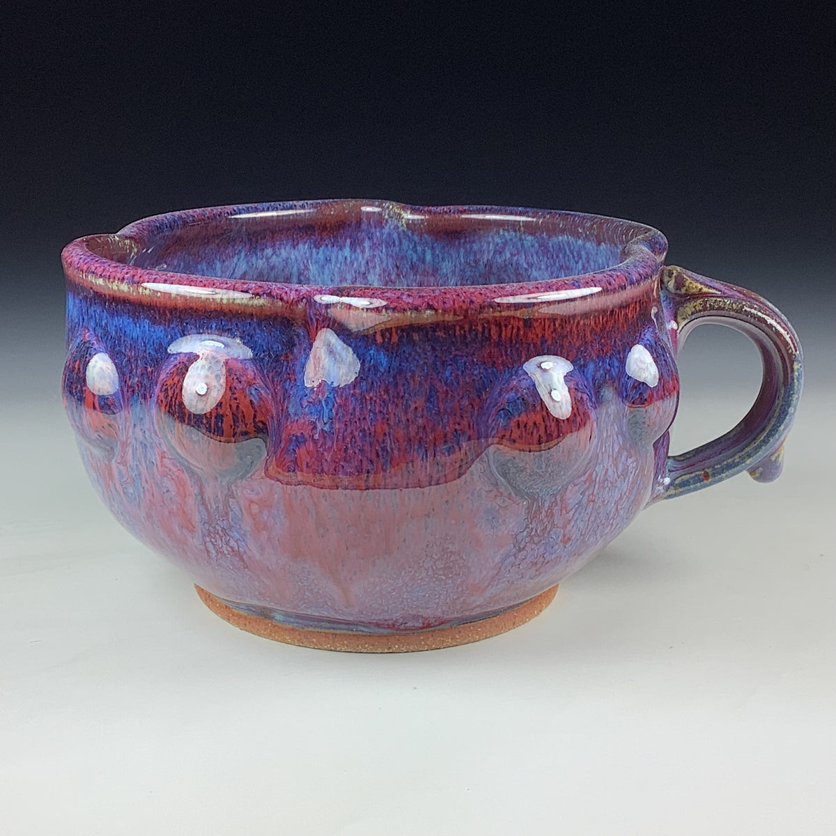 Handmade Ceramic Pottery Bowl with Handle, Red Purple Bump Glaze