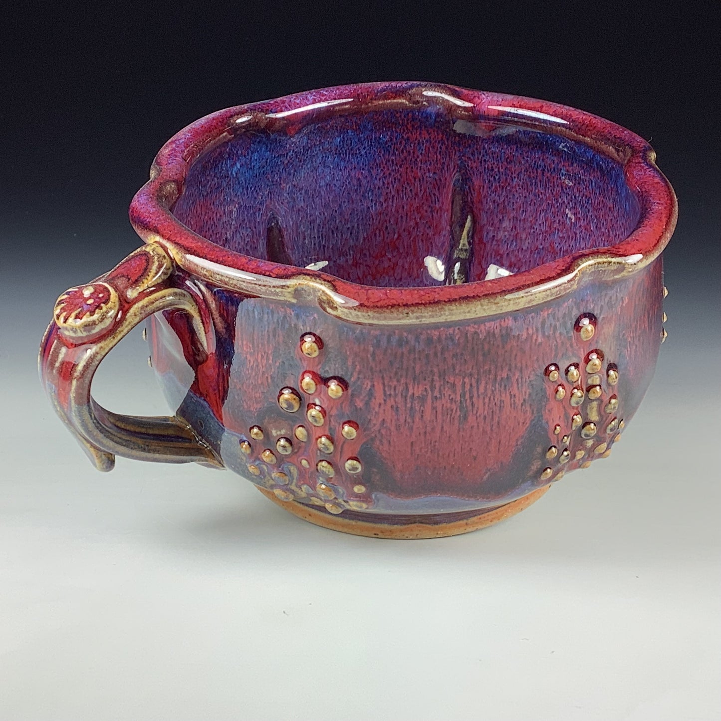 Handmade Ceramic Pottery Bowl with Handle, Slip Dotted Red Purple Glaze