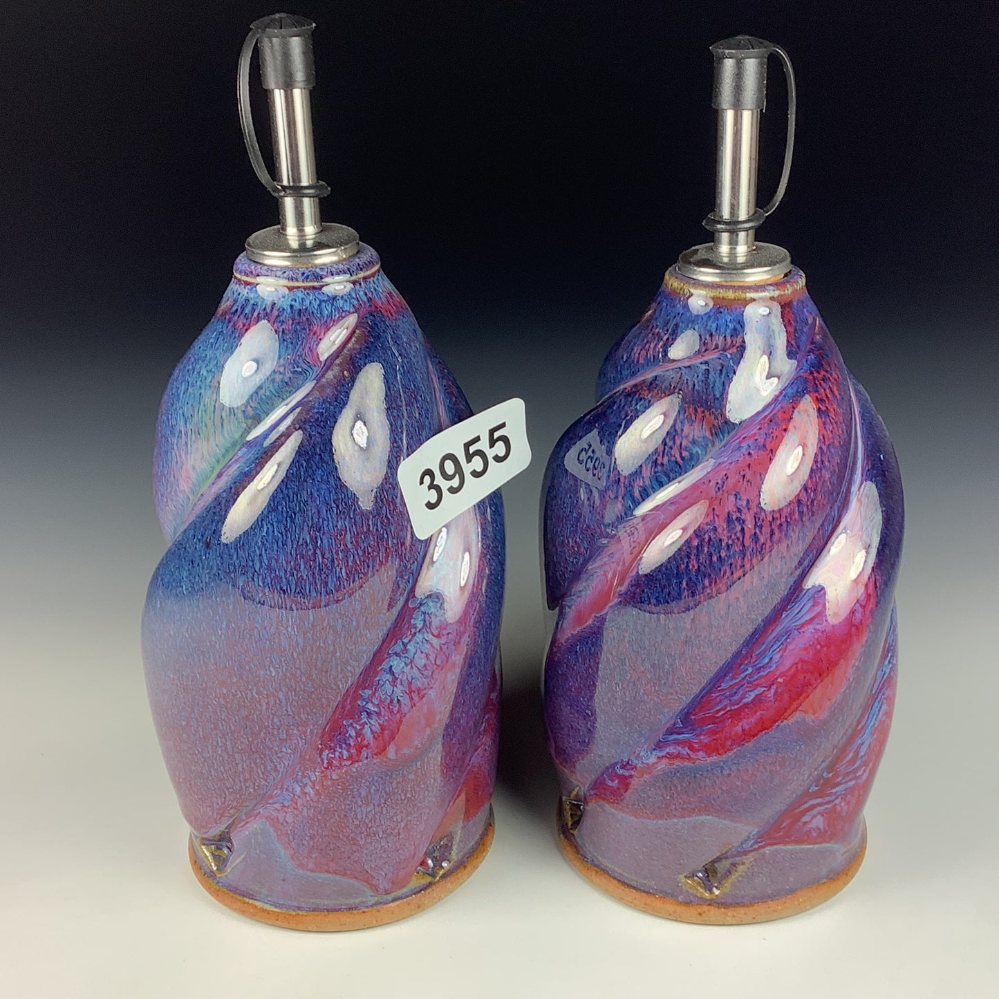 Handmade Ceramic Olive Oil Dispensers, Set of Two: Purple Red Twisty Stoneware Cruet - Item 3955