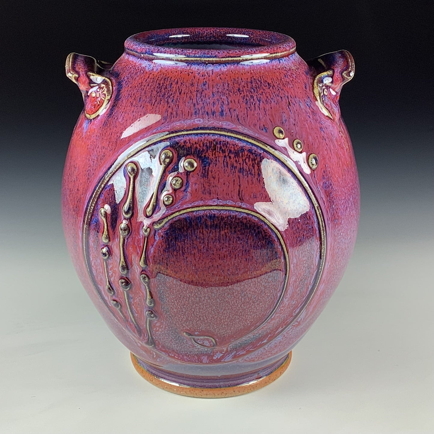 Handmade Stoneware Pottery Slip Trail Bamboo Purple Red Glaze Vase - Item 4093