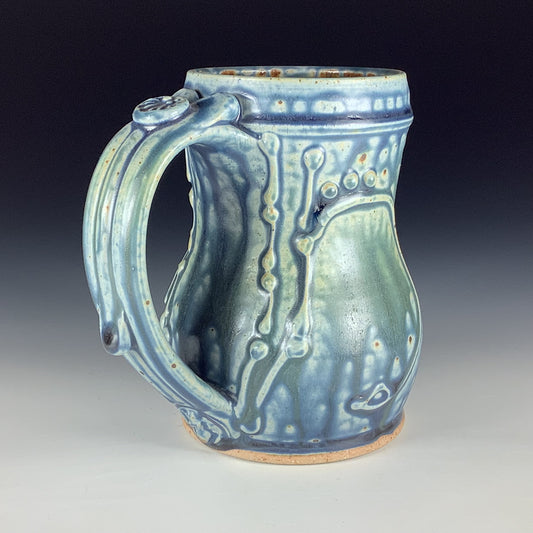 Handmade Stoneware Coffee Mug: Ash Blue Glaze, Slip-Dotted Bamboo