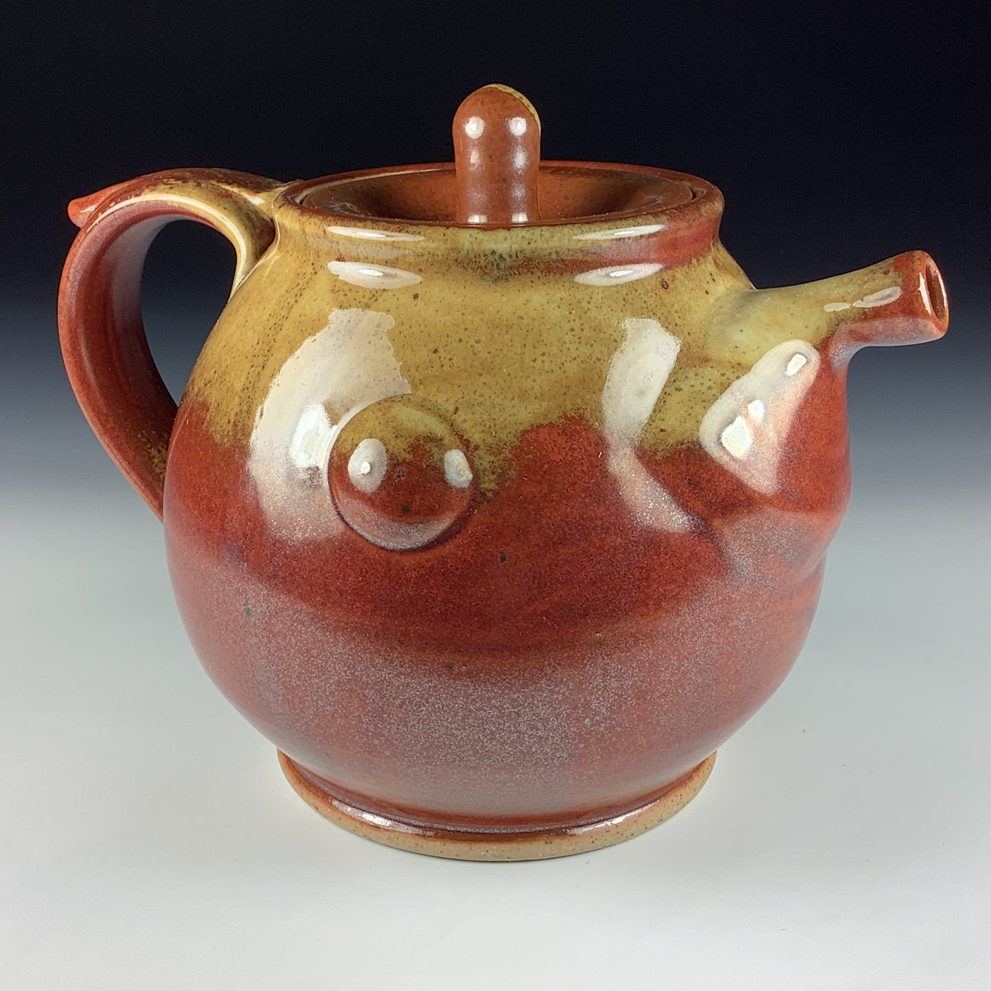 Handmade Ceramic Teapot: Iron Red with White Ash, Slip Trailed Bamboo Bump Stoneware - Item 3935