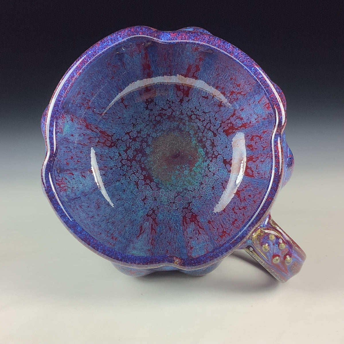 Handmade Ceramic Pottery Bowl with Handle, Red Purple Bump Glaze