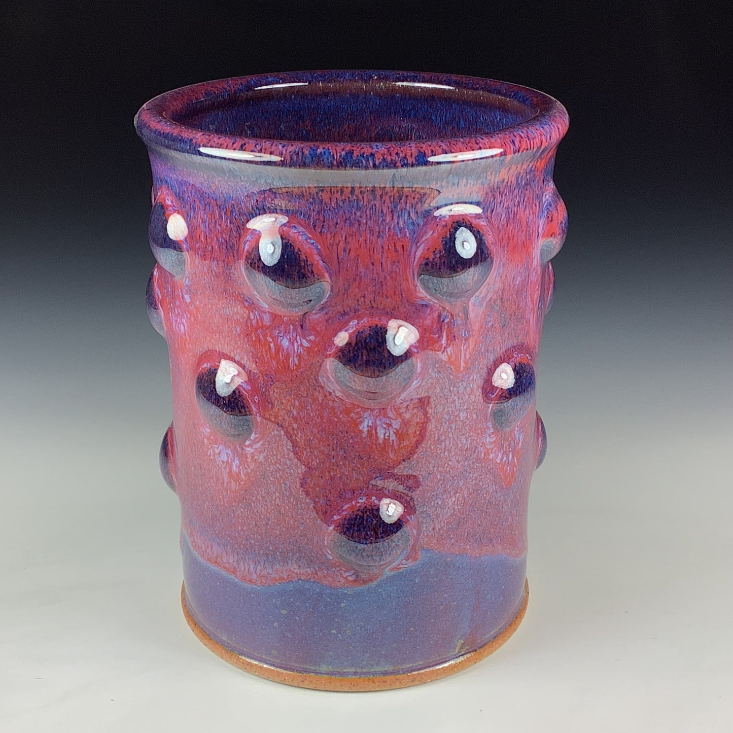 Handmade Stoneware Utensil Holder: Purple Red Glaze Bump Pottery Vase - Item 4098