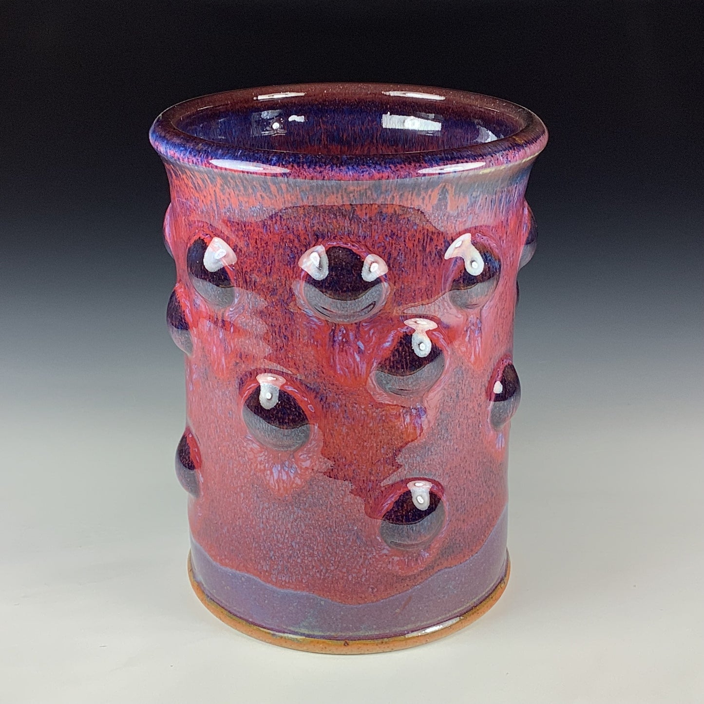 Handmade Stoneware Utensil Holder: Purple Red Glaze Bump Pottery Vase - Item 4100