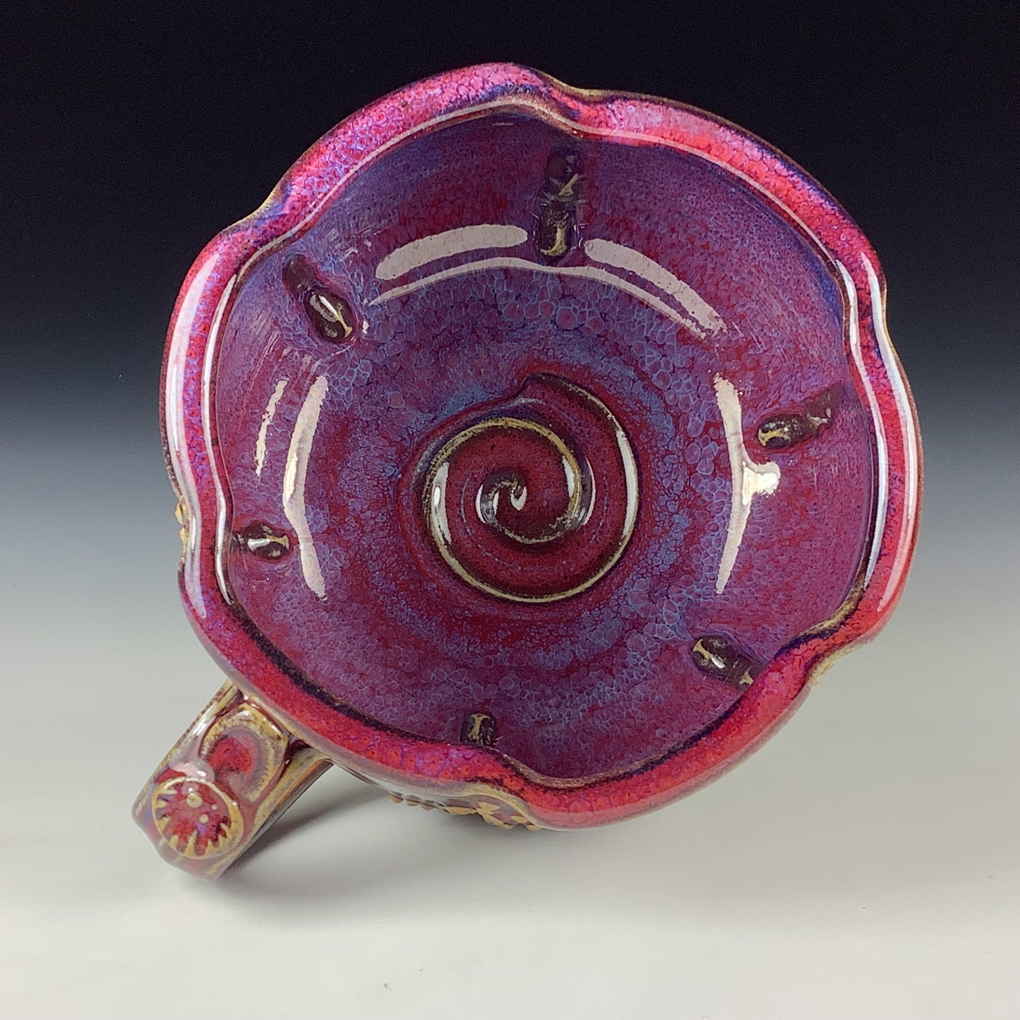 Handmade Ceramic Pottery Bowl with Handle, Slip Dotted Red Purple Glaze