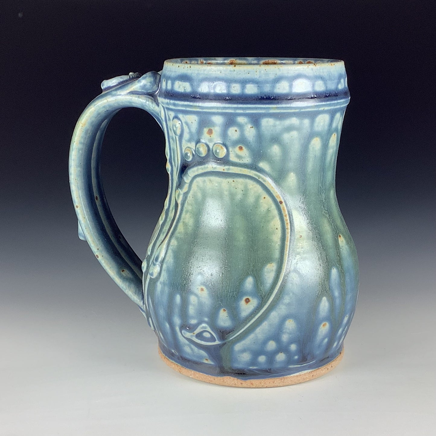 Handmade Stoneware Coffee Mug: Ash Blue Glaze, Slip-Dotted Bamboo