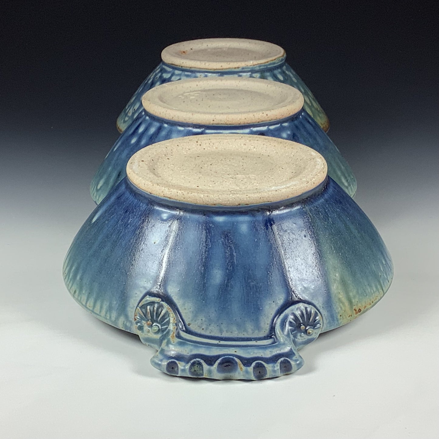 Handmade Ceramic Stoneware Pottery Serving Bowl or Centerpiece - Ash Blue Glaze Tri-Bowl with Handles