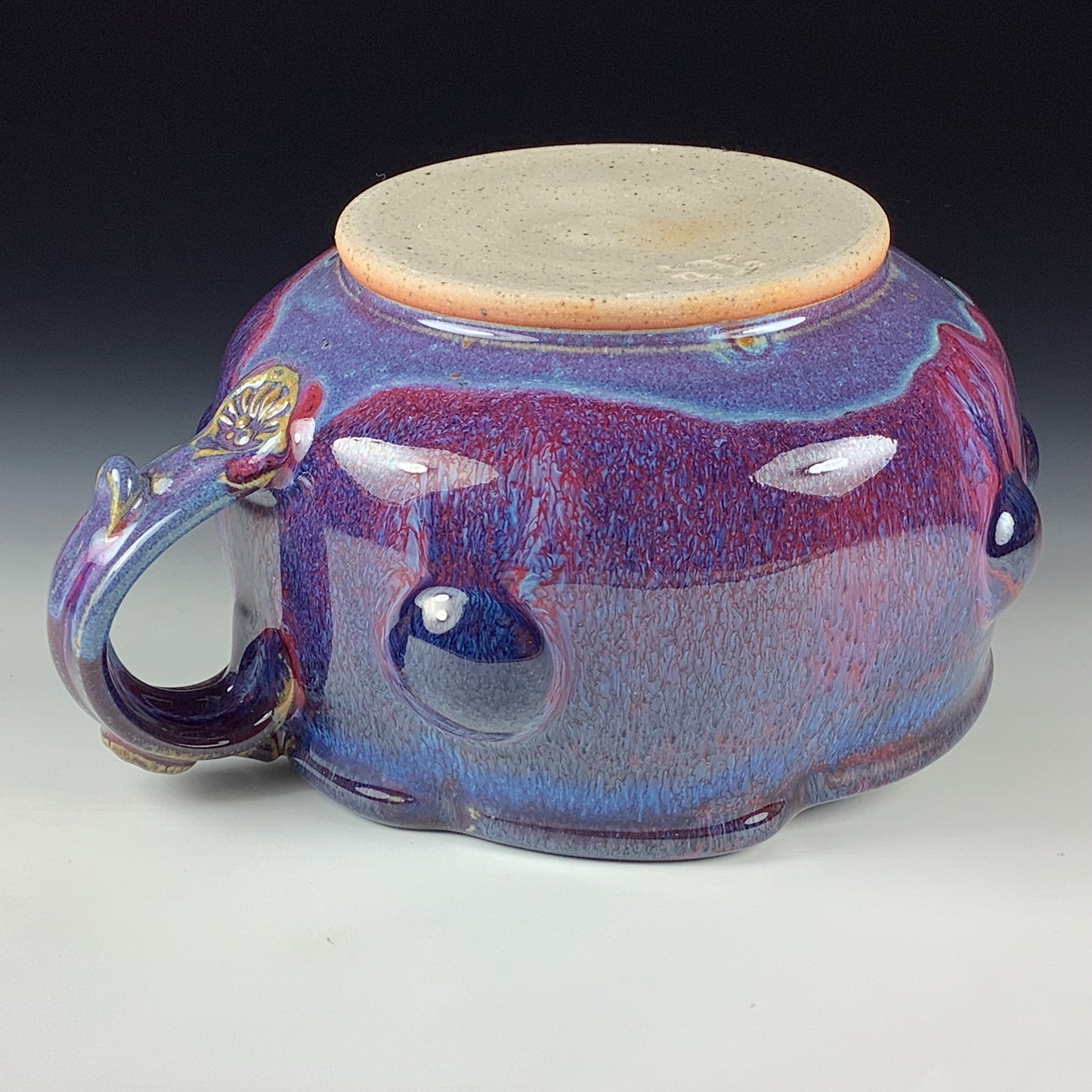 Handmade Ceramic Pottery Bowl with Handle, Red Purple Bump Glaze