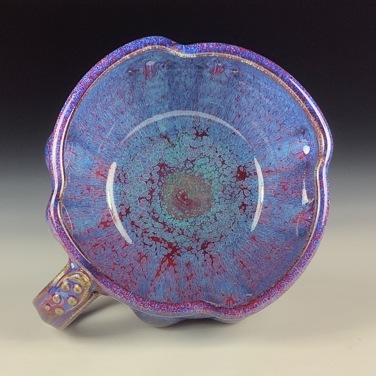 Handmade Ceramic Pottery Bowl with Handle, Red Purple Bump Glaze
