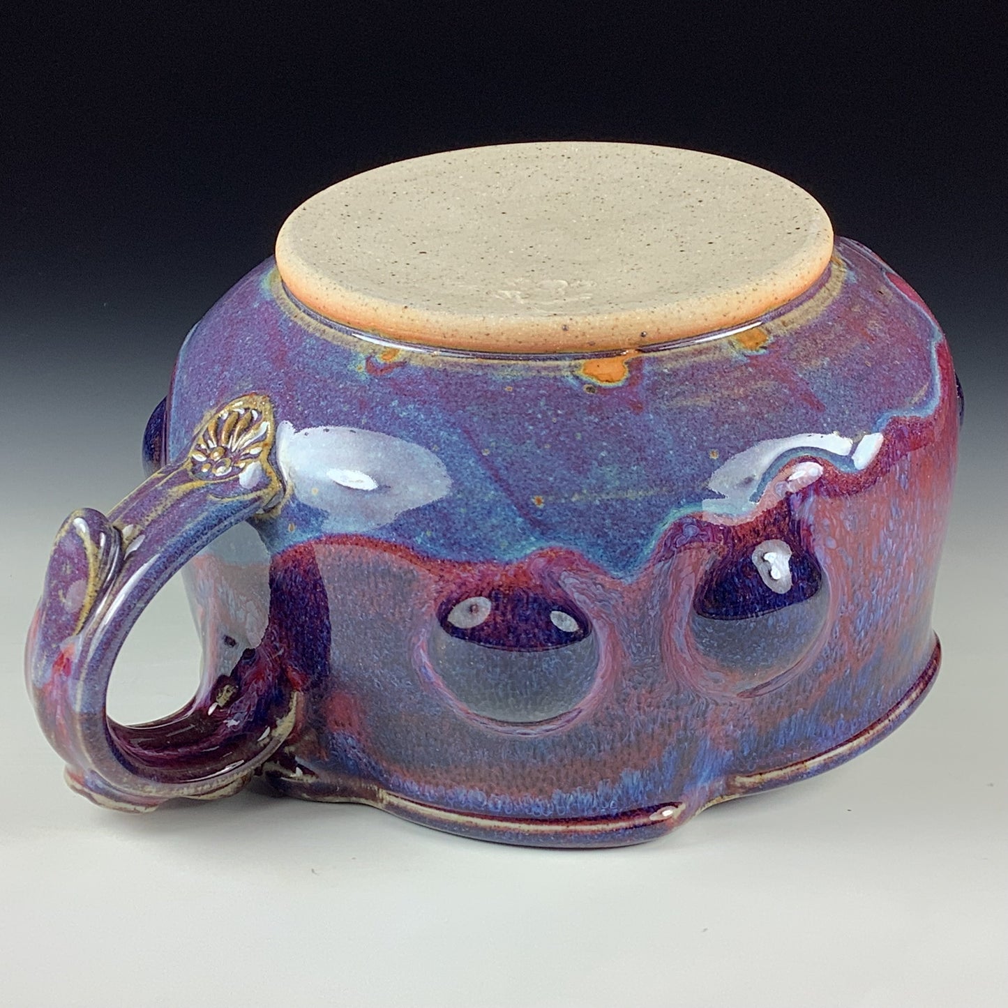Handmade Ceramic Pottery Bowl with Handle, Red Purple Bump Glaze