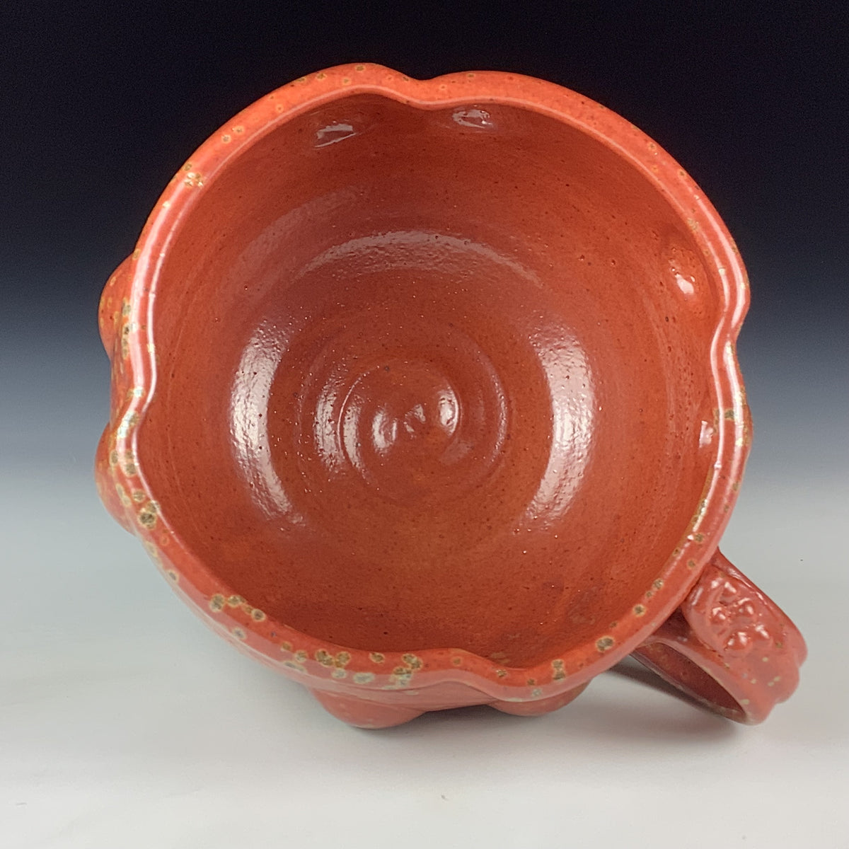Handmade Ceramic Pottery Bowl with Handle, Orange Shino Bump Glaze