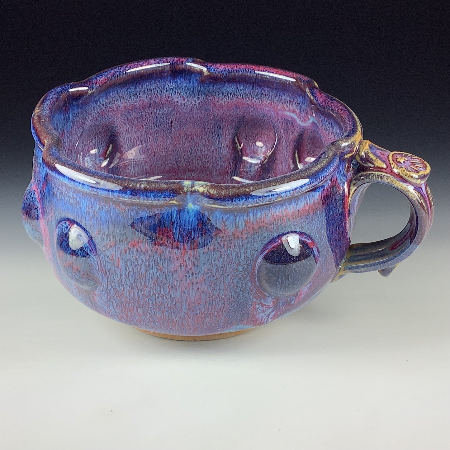 Handmade Ceramic Pottery Bowl with Handle, Red Purple Bump Glaze