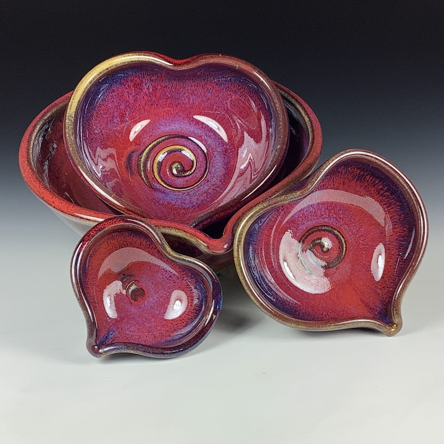 Handmade Ceramic Heart-Shaped Nesting Bowl Set of 4, Red Purple Glaze - Item 4016