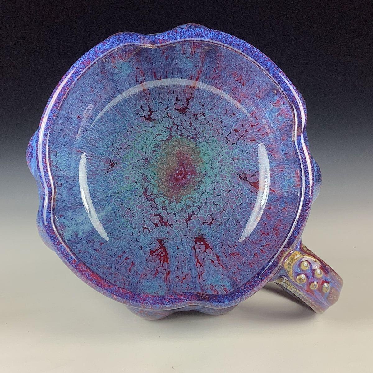 Handmade Ceramic Pottery Bowl with Handle, Red Purple Bump Glaze