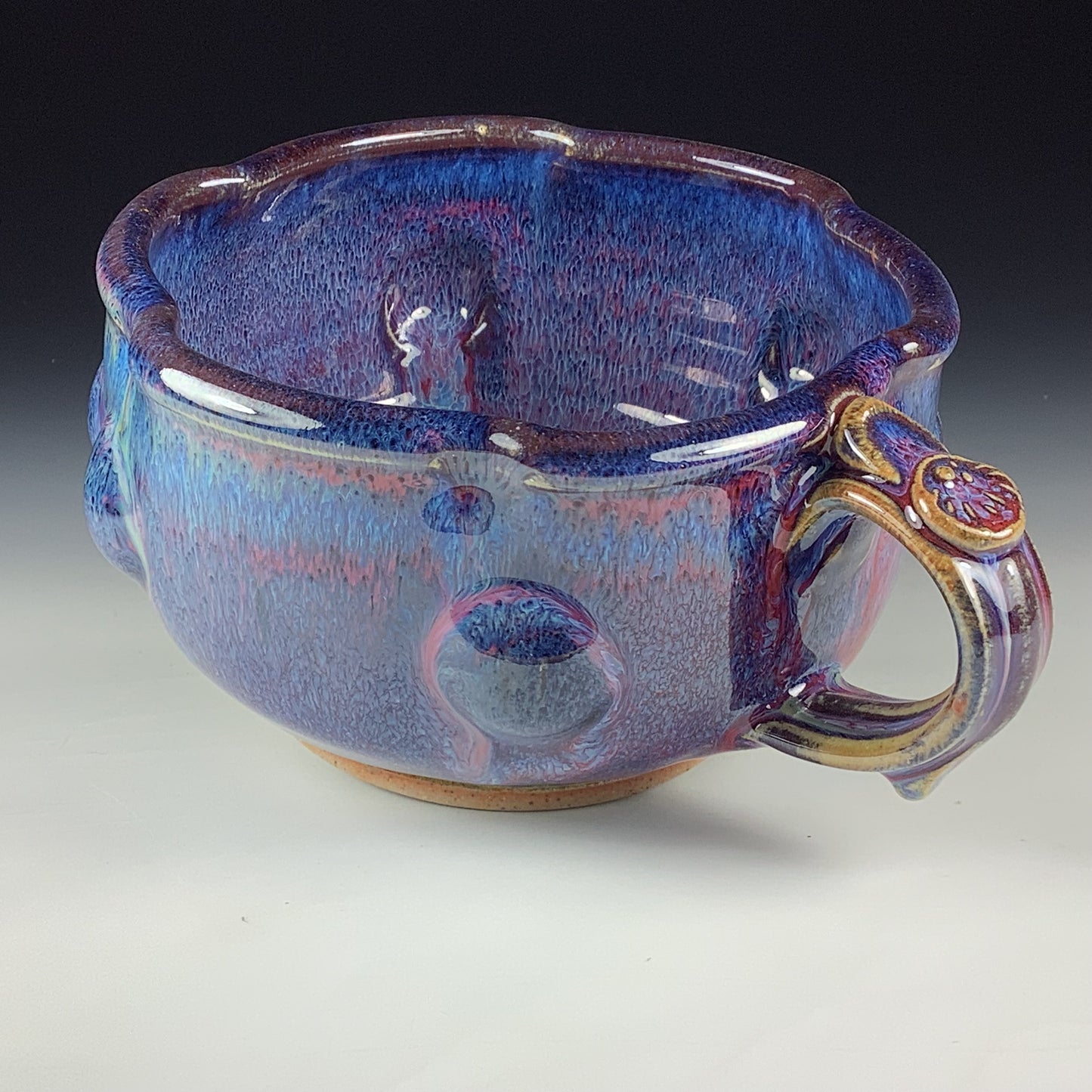 Handmade Ceramic Pottery Bowl with Handle, Red Purple Bump Glaze