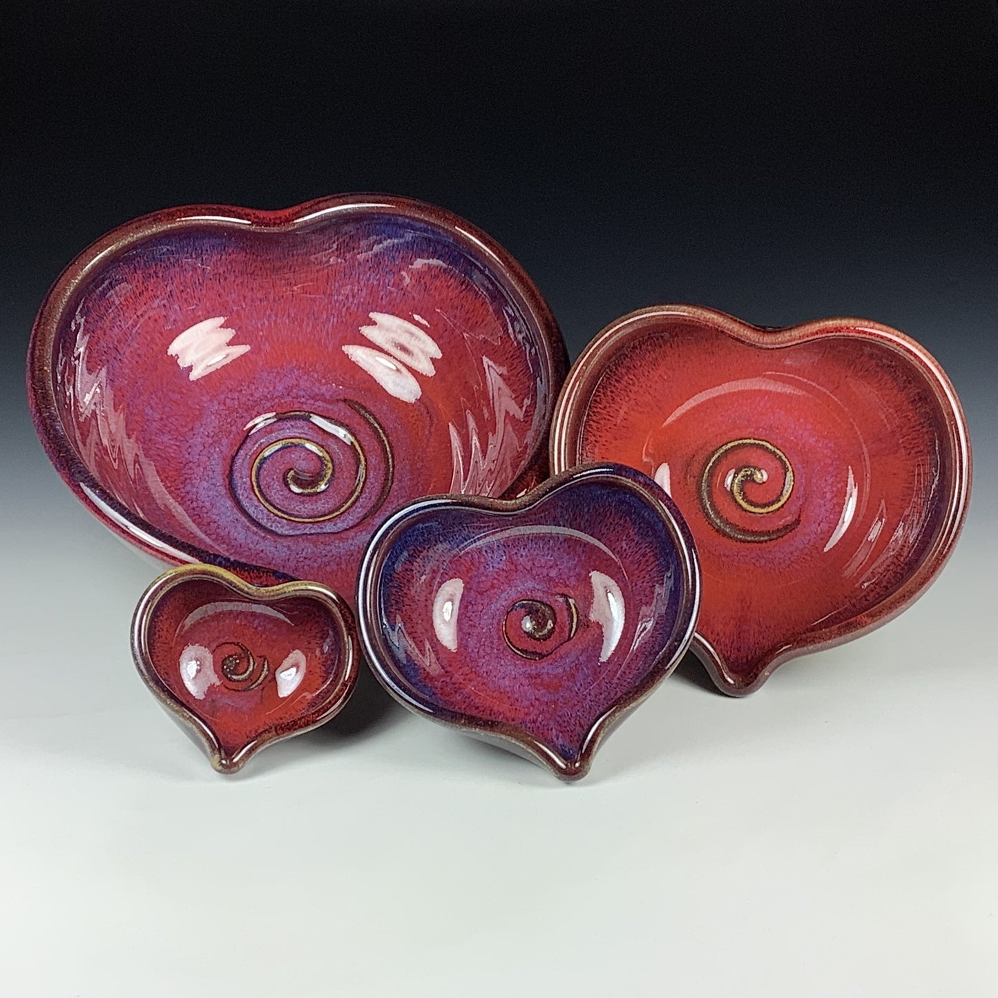 Handmade Ceramic Heart-Shaped Nesting Bowl Set of 4, Red Purple Glaze - Item 4017
