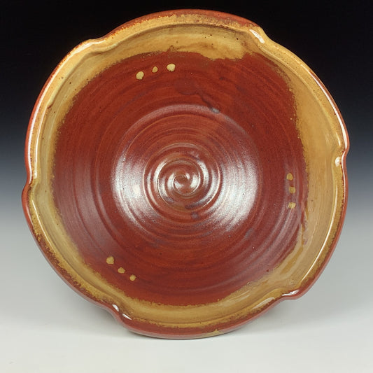 Handmade ceramic artisanal pottery bowls dinnerware stoneware serving bowls centerpiece - iron red with white ash scalloped rim serving bowl 3679
