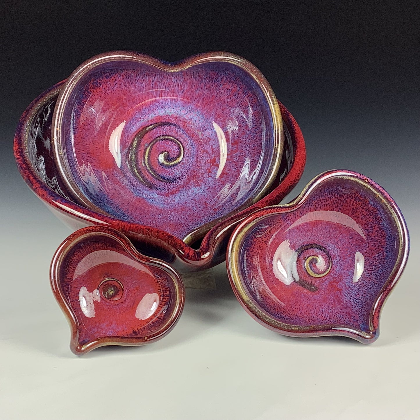 Handmade Ceramic Heart-Shaped Nesting Bowl Set of 4, Red Purple Glaze - Item 4014